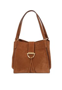 Brown suede tote bag with a structured shape, featuring a central strap closure with a gold-tone hardware accent and dual shoulder straps.