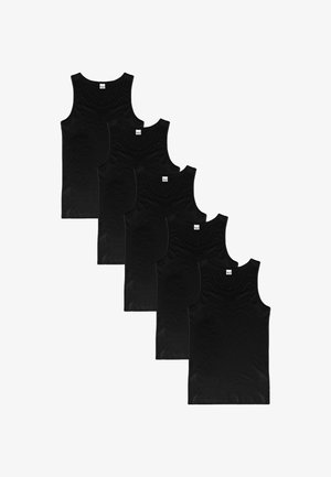 Five black tank tops made from a smooth, lightweight fabric with a round neckline and wide shoulder straps, arranged in a row.