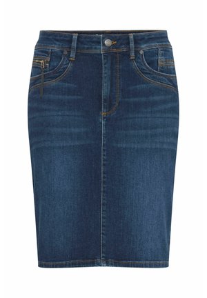 Dunkelblaue Denim-Bleistiftrock mit taillierter Passform, vorderen Taschen und beigem Stichdetail. Mittellange Schnittform mit glatter Textur.