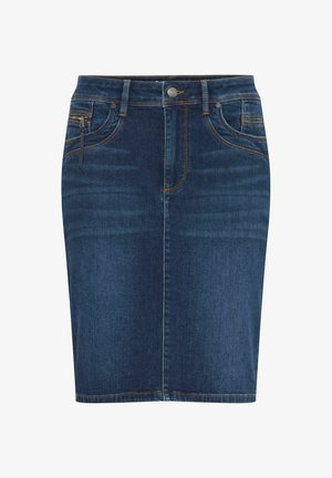 Tumši zila džinsu svārku svārku ar pieguļošu piegriezumu, priekšējām kabatām un brūnu šuvju detaļām. Vidēja garuma griezums ar gludu tekstūru.