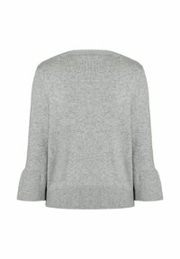 Hellgrauer Strickpullover mit rundem Ausschnitt und dreiviertellangen Glockenärmel. Gerippter Saum und Bündchen, weiche Textur und lässiges Design.