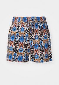 Pantaloncini con un motivo colorato e intricato in blu, nero e arancione su uno sfondo chiaro. Vita elasticizzata con dettaglio coulisse.