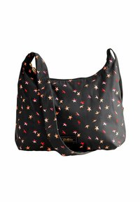 Borsa a spalla nera in nylon, con un motivo di stelle colorate in rosso, rosa e arancione. Include una tracolla e un'etichetta con logo.