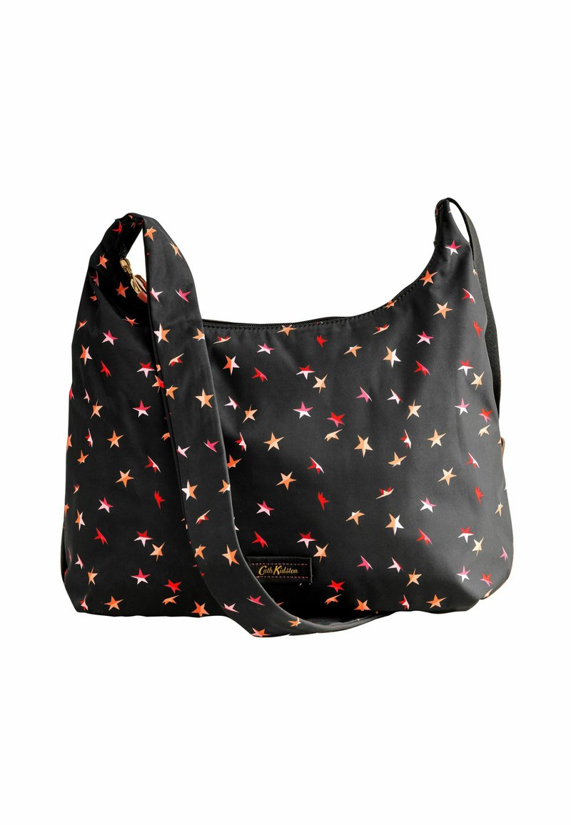 Borsa a spalla nera in nylon, con un motivo di stelle colorate in rosso, rosa e arancione. Include una tracolla e un'etichetta con logo.