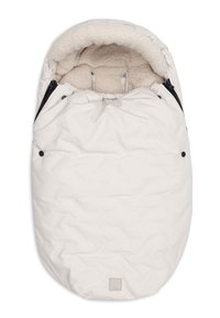 Gevoerde beige voetenzak voor de babywagen met fleece voering en ritsen aan beide zijden, ontworpen voor warmte en comfort.