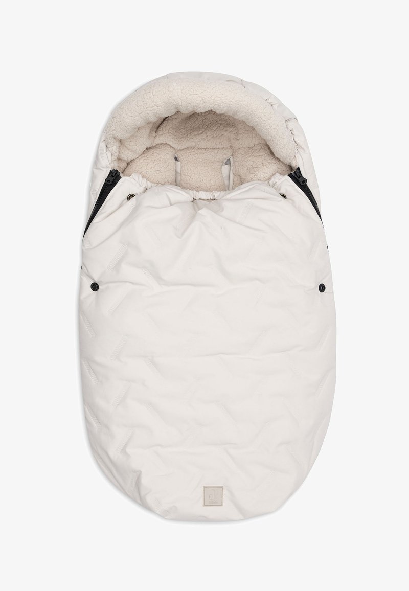 Gevoerde beige voetenzak voor de babywagen met fleece voering en ritsen aan beide zijden, ontworpen voor warmte en comfort.