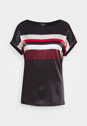 Haut noir à manches courtes avec des rayures horizontales rouges, blanches et bordeaux. Texture lisse, décolleté arrondi et coupe décontractée.
