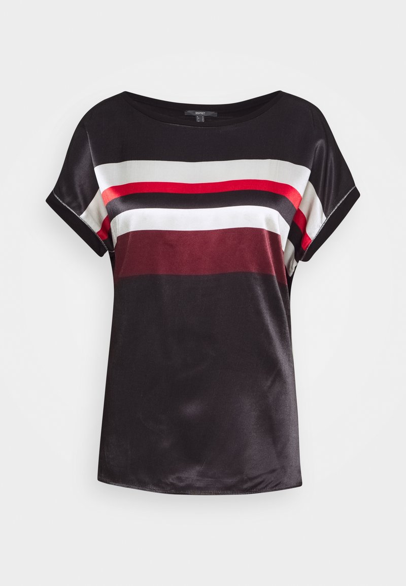 Top negro de manga corta con rayas horizontales en rojo, blanco y burdeos. Textura suave, cuello redondo y corte holgado.