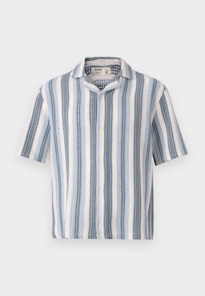 Short-sleeve button-up shirt featuring blue and white vertical stripes, a notched collar, and a textured fabric with a lightweight design.