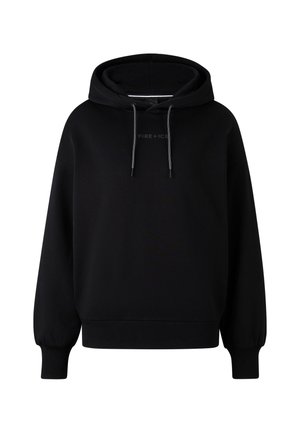Schwarzer Hoodie aus weichem Stoff, mit verstellbarer Kapuze, gerippten Bündchen und einem dezenten "FIRE+ICE" Logo auf der Brust.