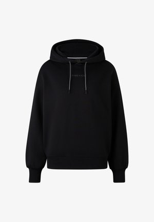 Schwarzer Hoodie aus weichem Stoff, mit verstellbarer Kapuze, gerippten Bündchen und einem dezenten "FIRE+ICE" Logo auf der Brust.