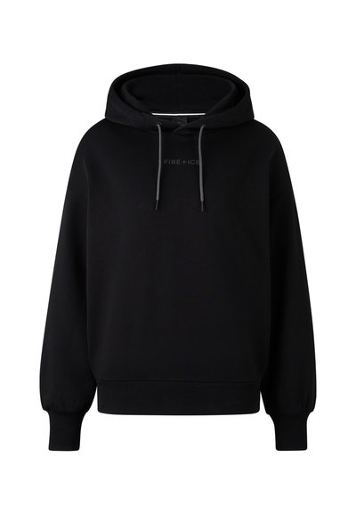 Schwarzer Hoodie aus weichem Stoff, mit verstellbarer Kapuze, gerippten Bündchen und einem dezenten "FIRE+ICE" Logo auf der Brust.