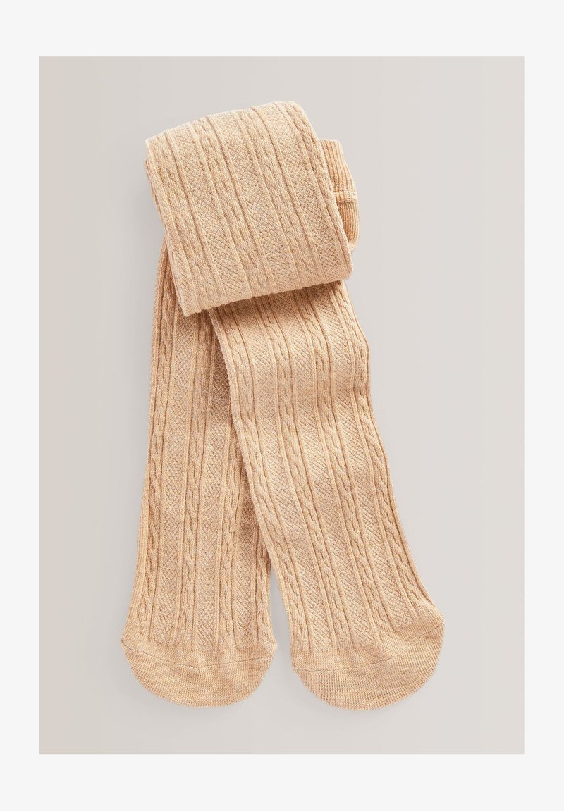 Beige Strumpfhosen aus gestricktem Material mit einem strukturierten Kabelmuster, verziert mit gerippten Details am Bund und glatten, runden Zehenabschlüssen.