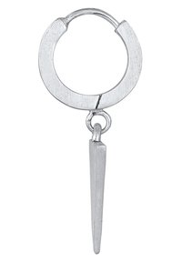 Silver hoopörhänge med en cirkulär design och en rak, spetsig hängen som hänger från en liten koppling. Slät, metallisk textur.