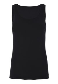 Sort ærmeløs tanktop lavet af blødt bomuld. Har en rund halsudskæring og en tætsiddende pasform. Glat tekstur med minimale syningsdetaljer.