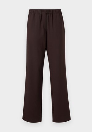 Pantalon marron foncé à jambe droite avec taille élastique, fabriqué en tissu lisse, présenté sur un fond blanc uni.