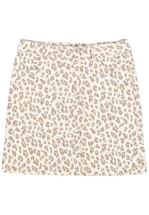 Kremfarvet nederdel med beige og brunt leopardprint, knaplukning foran, bæltestropper og forlommer.