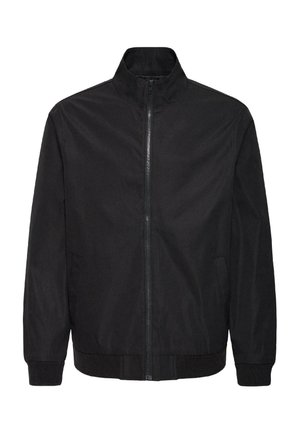 Zwarte jas met ritssluiting, opstaande kraag, lange mouwen, zijzakken en geribde manchetten en zoom, weergegeven op een witte achtergrond.