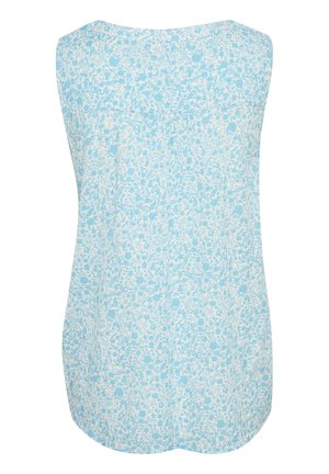 Haut sans manches en bleu clair avec un motif floral blanc. Tissu doux, coupe décontractée, encolure arrondie et ourlet incurvé.
