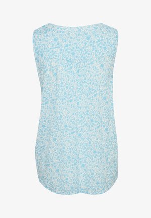 Top fără mâneci de culoare albastră deschisă cu un model floral alb. Material moale, croi lejer, guler rotund și tiv curbat.