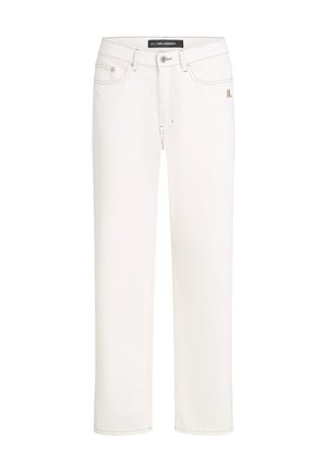 Fehér egyenes szárú farmernadrág elülső zsebekkel, gombos záródással és diszkrét "KL" logóval a jobb zseben.