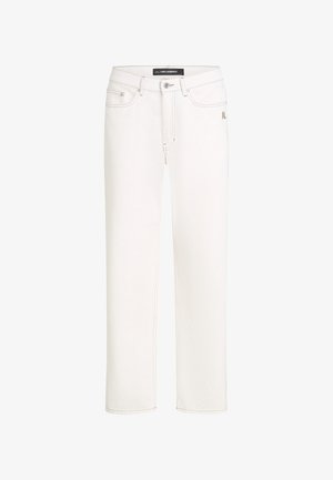 Jeans albi cu croi drept, dotate cu buzunare frontale, închidere prin buton și un logo subtil "KL" în zona buzunarului din dreapta.