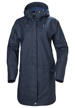 Námorněmodrá voděodolná parka s kapucí, se zipem vpředu, šňůrkou a dvěma předními kapsami. Hladký povrch bez viditelných vzorů.