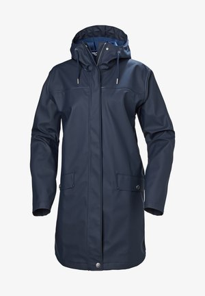 Parka a prueba de agua en azul marino con capucha, que presenta un cierre de cremallera frontal, cordón y dos bolsillos frontales. Textura suave y sin patrones visibles.