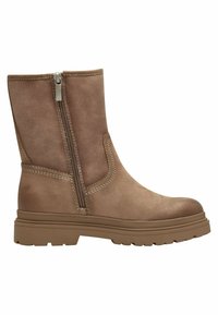 Braune Leder-Stiefel mit Knöchelhöhe, seitlichem Reißverschluss, robuster tanfarbener Sohle und kontrastierenden Nähten entlang des Obermaterials für zusätzliche Details.
