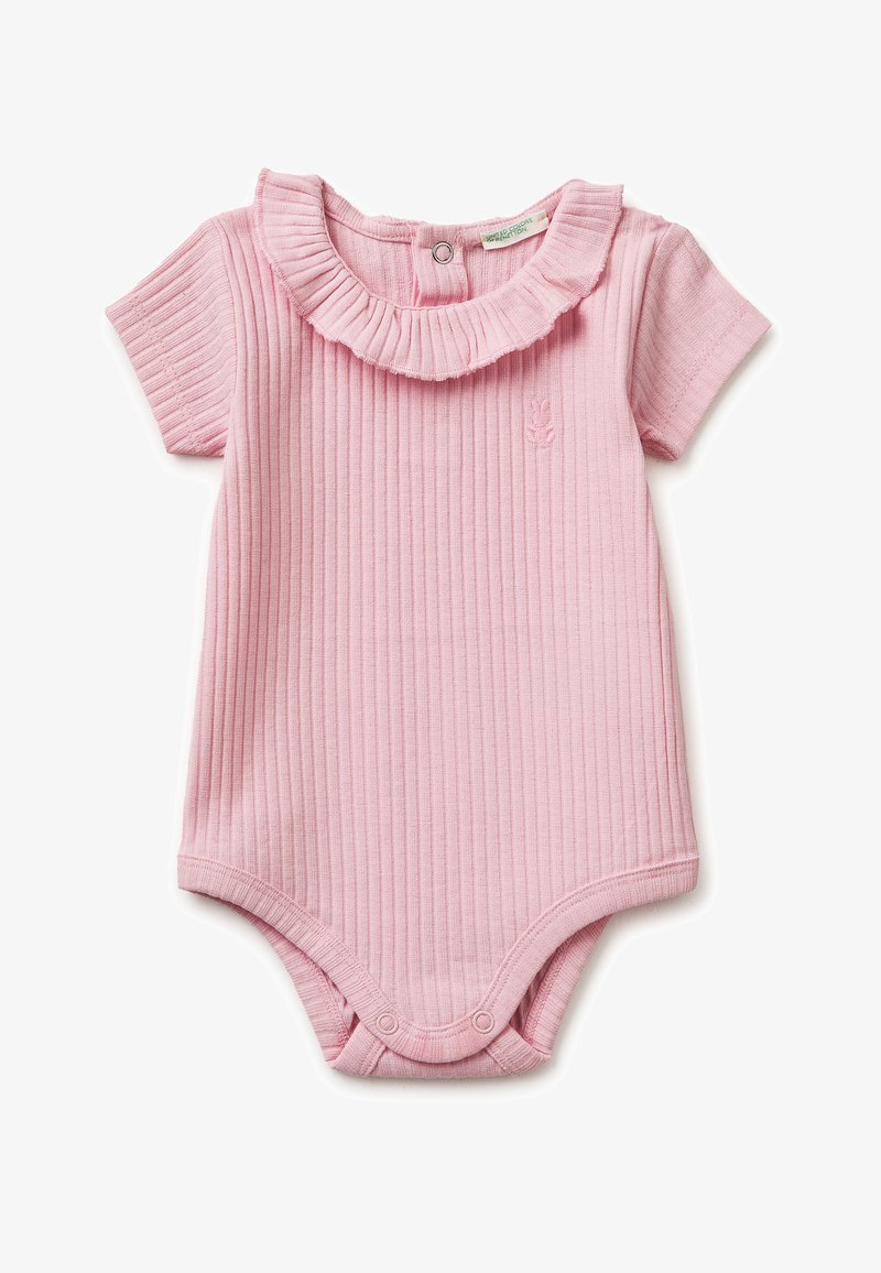 Różowy prążkowany krótki body niemowlęce z falbankowym kołnierzykiem i zatrzaskami na dole dla łatwej zmiany pieluchy.