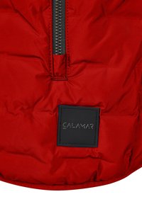 Rote Daunenjacke mit einem schwarzen Reißverschluss und einem Logo-Patch. Schlanke Textur mit gestepptem Design und abgerundetem Saum am unteren Ende.