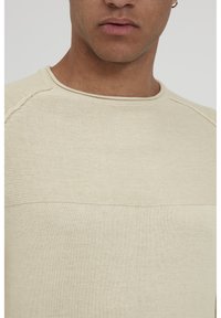 Beige strikkegenser med rund hals, teksturert stoff med et horisontalt mønster over brystet og raglanermer.