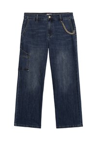 Pantaloni cargo in denim blu scuro con gambe larghe, tasca laterale, tasche frontali, passanti per cintura, chiusura con bottone e accessorio in catena metallica.
