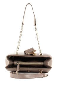 Beige leather handbag with a chain and strap, featuring a zippered compartment and gold hardware accents. Open design showcasing interior details.