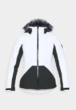 Doudoune blanche et noire avec fermeture éclair à l'avant, capuche avec fausse fourrure grise, couture géométrique et poignets élastiques.