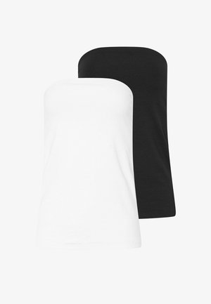 Two strapless tube tops, one white and one black, displayed overlapping on a plain background.
