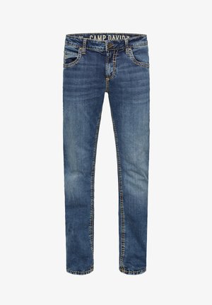 Dunkelblaue Jeans aus Denim mit leichtem Fading, gerader Schnitt, Kontrastnähte, fünf Taschen und einem Knopfverschluss an der Taille.