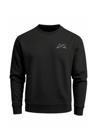 Black sweatshirt with a round neckline, long sleeves, and a smooth texture. Features a white mountain graphic with an orange accent on the chest.