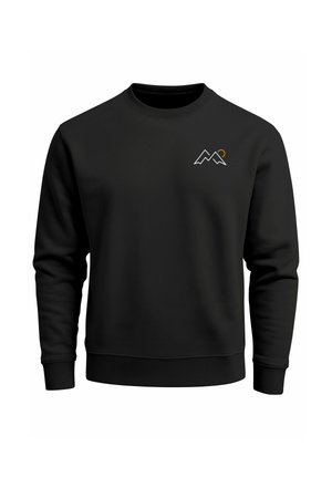 Black sweatshirt with a round neckline, long sleeves, and a smooth texture. Features a white mountain graphic with an orange accent on the chest.