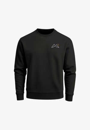 Black sweatshirt with a round neckline, long sleeves, and a smooth texture. Features a white mountain graphic with an orange accent on the chest.
