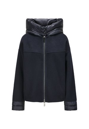 Schwarze Jacke zum Zuziehen mit wattiertem hohem Kragen und Bündchen, mit glattem oberen Teil und wolltexturiertem Körper und Ärmeln.