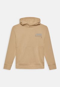 Sweat à capuche en coton bio beige clair, avec une poche kangourou à l'avant et un texte imprimé en bleu sur la poitrine. Texture douce.