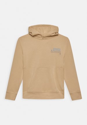 Sweat à capuche en coton bio beige clair, avec une poche kangourou à l'avant et un texte imprimé en bleu sur la poitrine. Texture douce.