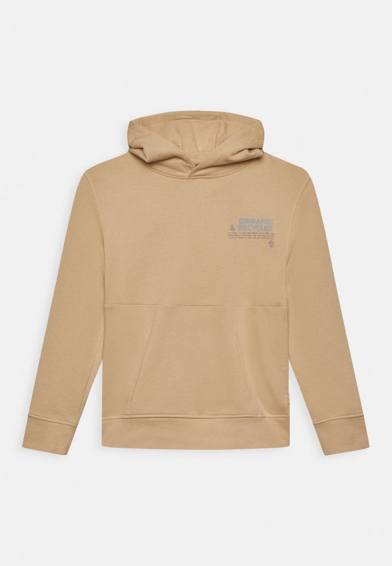 Sweat à capuche en coton bio beige clair, avec une poche kangourou à l'avant et un texte imprimé en bleu sur la poitrine. Texture douce.