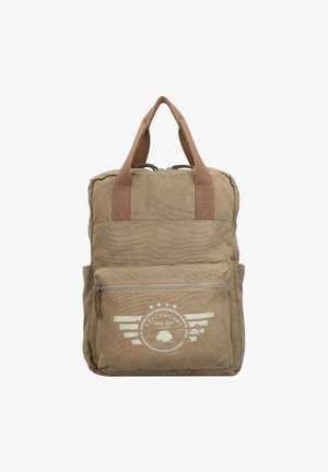 Sac à dos en toile beige avec des sangles marron, poche avant zippée et un logo graphique. Dispose d'une forme structurée et d'un tissu texturé.