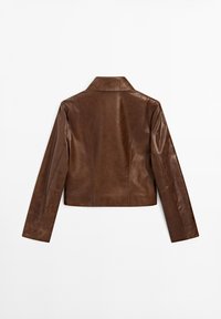 Brown leather cropped jacket featuring a notched collar, long sleeves, and structured seams. Smooth texture with a glossy finish.