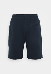 Navyblaue Baumwollshorts mit elastischem Bund, seitlichen Taschen und einer kleinen Gesäßtasche. Sie verfügen über eine glatte Textur und ein knielanges Design.