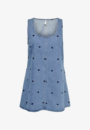 Modra jeansa obleka brez rokavov z okroglim izrezom, okrašena z vzorci temno modrih src, enakomerno razporejenih po tkanini.
