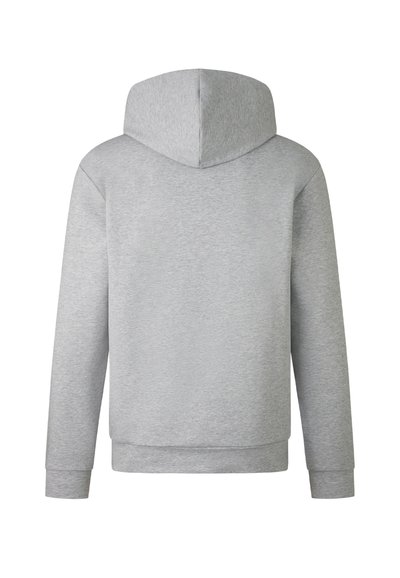 Hellgrauer Kapuzenpullover mit runder Kapuze, langen Ärmeln und gerippten Bündchen. Hergestellt aus weichem, gebürstetem Stoff, ohne sichtbare Muster oder Hardware.
