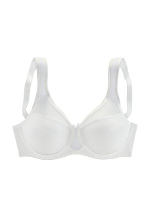 White underwire bra with padded cups, adjustable straps, and subtle textured detailing on upper cup sections.